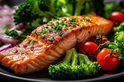 plate of cooked salmon and vegetables