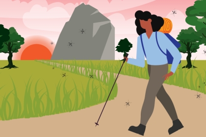 cartoon image of woman hiking on a trail with a rock and grass near by