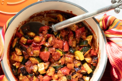 dutch oven filled with ratatouille 