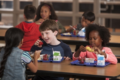 Children eating healthy school meals 