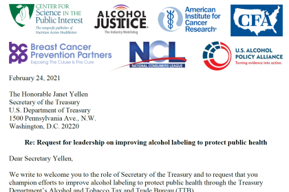 Coalition Letter to Treasury Secretary Yellen Urging Improved Alcohol Labeling