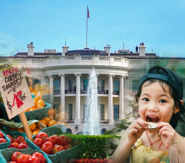 Composite of the White House, a child eating, and a produce stand