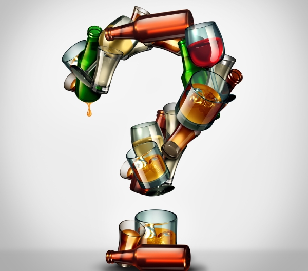 Graphic rendering of a question mark composed of liquor bottles and alcoholic drinks.