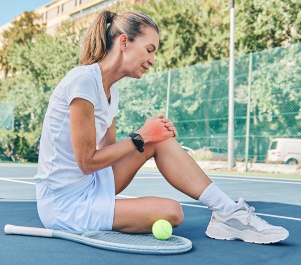 woman sitting on tennis court holding her knee