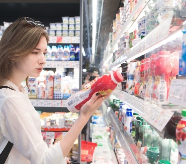 A woman reading labels while shopping for dairy at grocery store