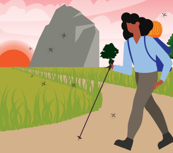 cartoon image of woman hiking on a trail with a rock and grass near by
