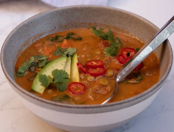 a bowl of Mexican lentil soup