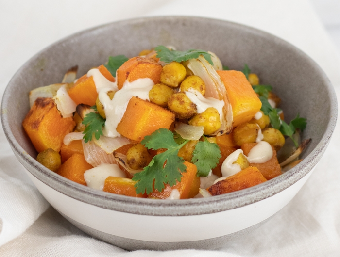 a bowl of spiced chickpeas and butternut squash