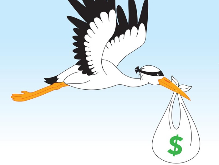 stork carrying a bag of money