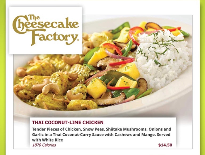 image of a menu item with calories listed at The Cheesecake Factory