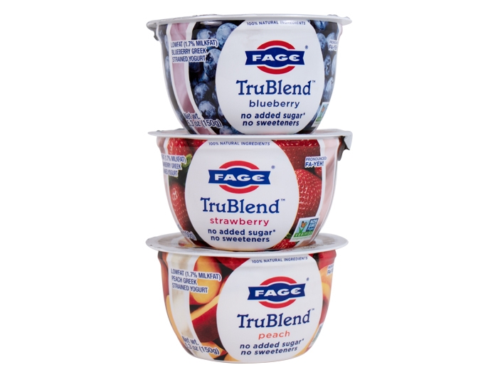 stack of tubs of Fage TruBlend yogurt