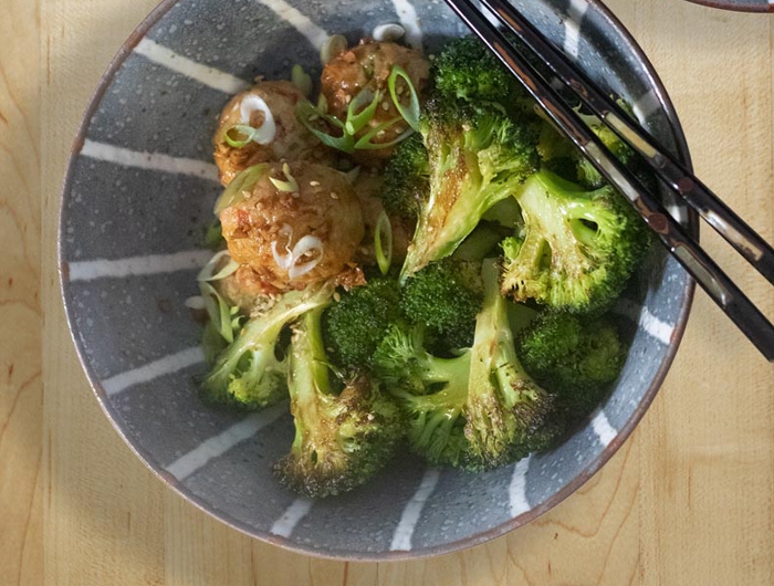 broccoli and chicken meatballs in a bowl
