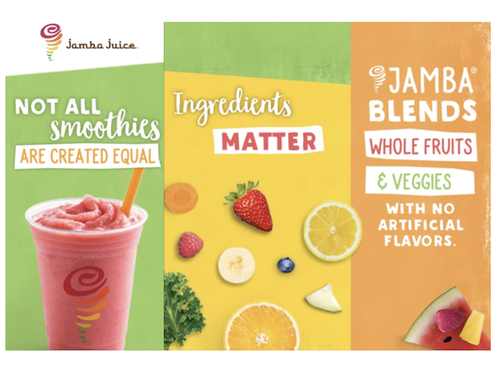 Jamba Juice poster promoting "whole fruits and veggies"