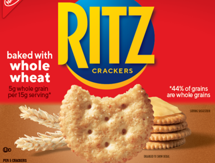 Ritz Whole Wheat cracker box label, prominently displaying the text "44% of grains are whole grains"