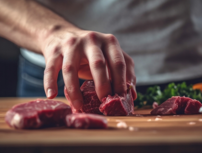 hands and a knife cutting raw beef