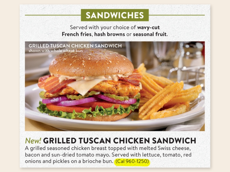 menu showing a chicken sandwich and a range of calories