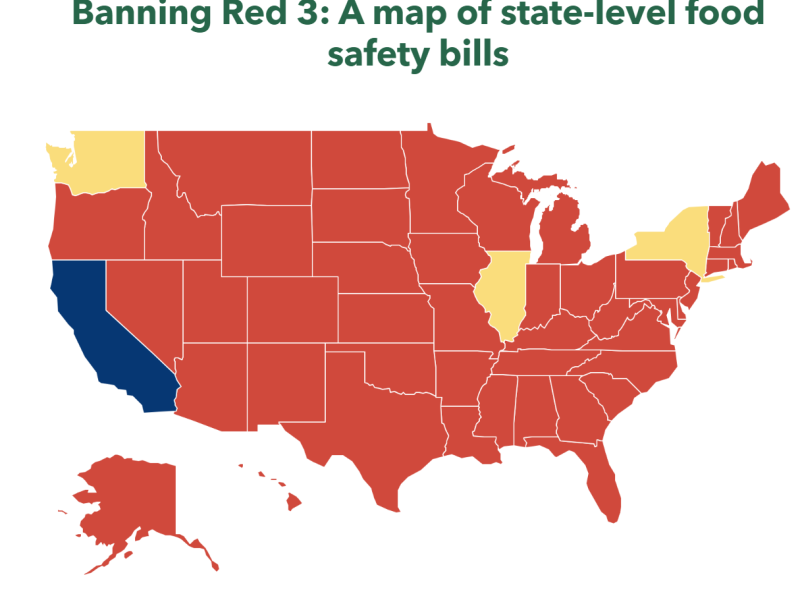 A Red 3 ban map of the US with California, Washington, Illinois, and New York highlighted