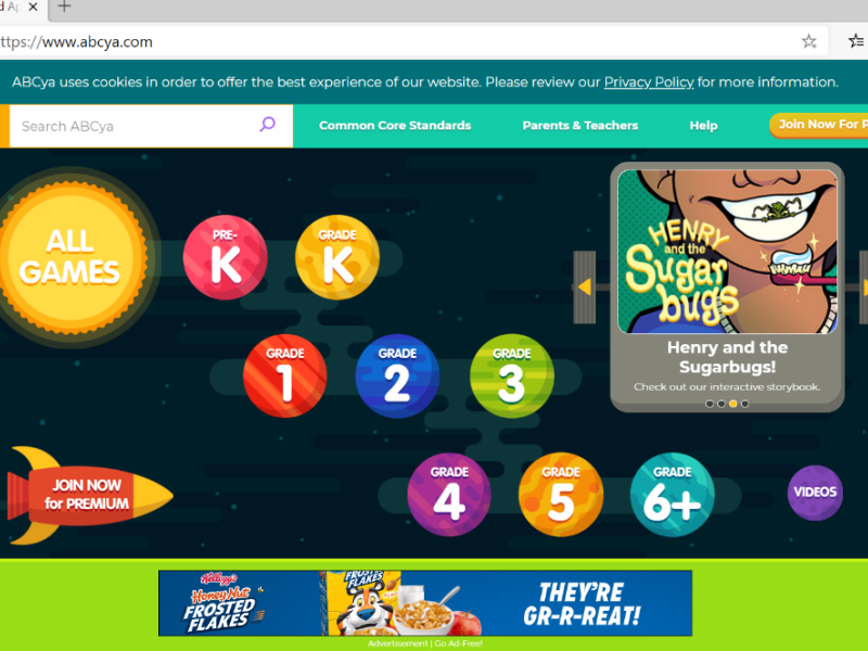 A digital learning game called "Henry and the sugar bugs" displaying a kid with a toothbrush; there's a Frosted Flakes ad on the side