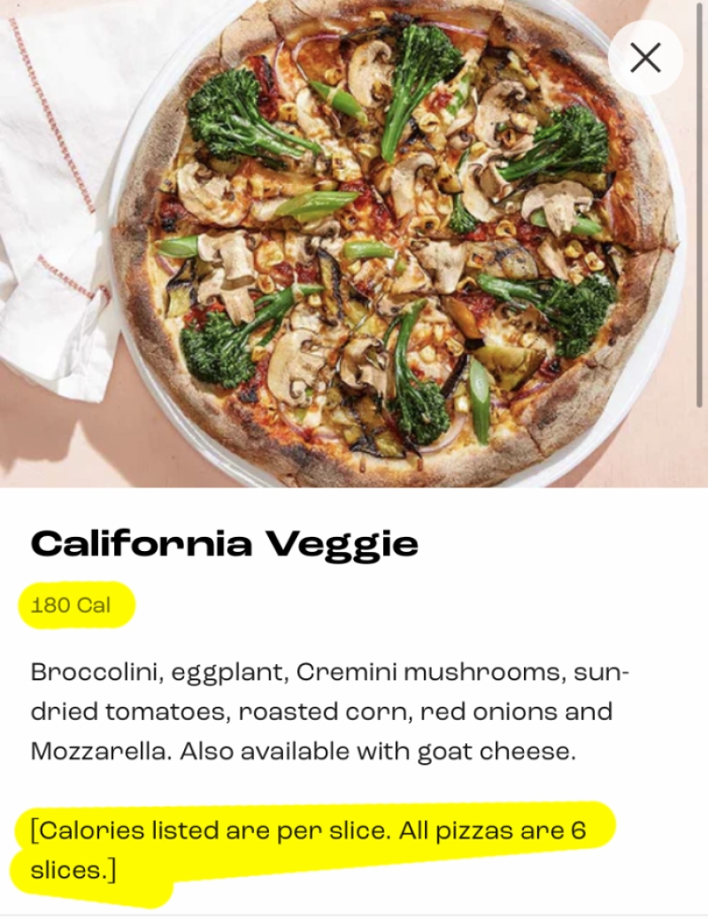 California Pizza Kitchen app screen capture with calories highlighted