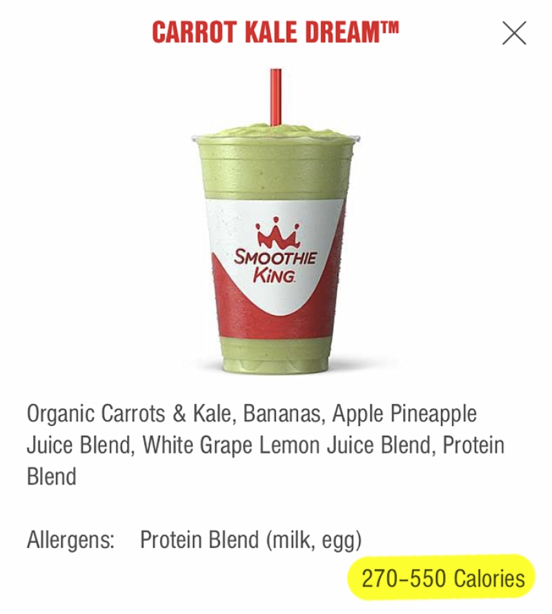 screen capture of the smoothie king app with calories highlighted