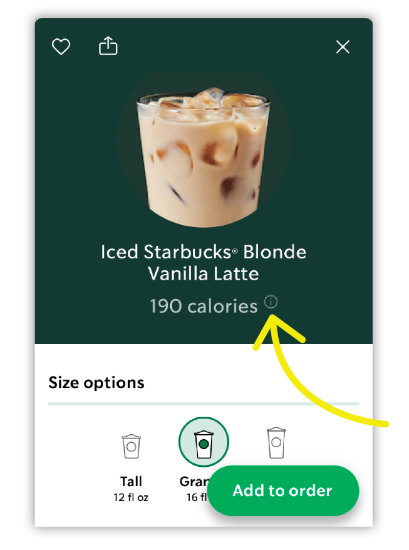 screen capture of Starbucks app pointing to calories