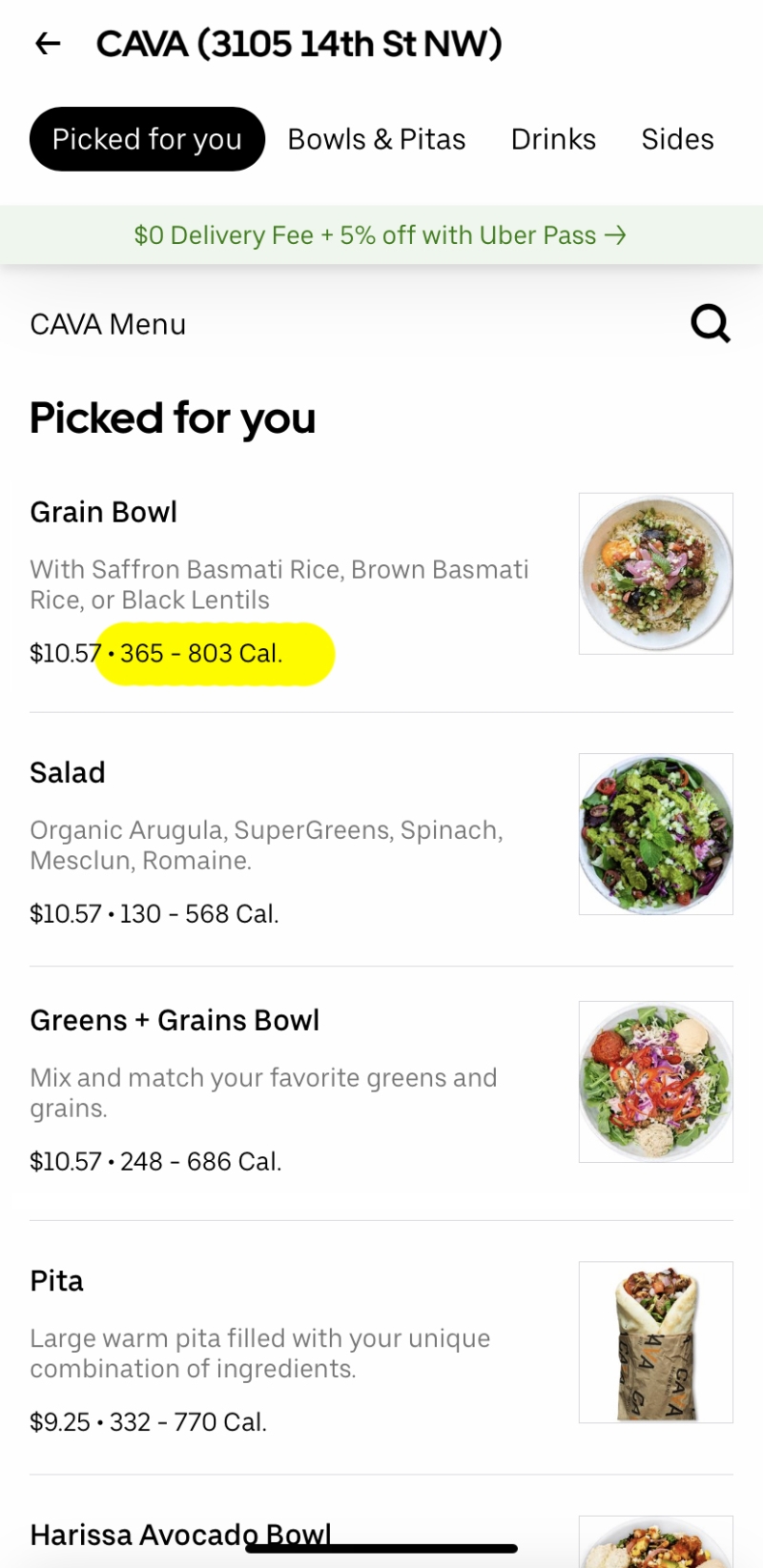 cava app screen shot highlighting calorie range