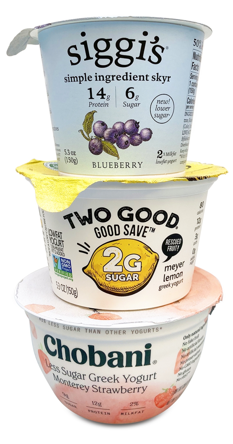 Siggi's, two good, and Chobani yogurts in a stack