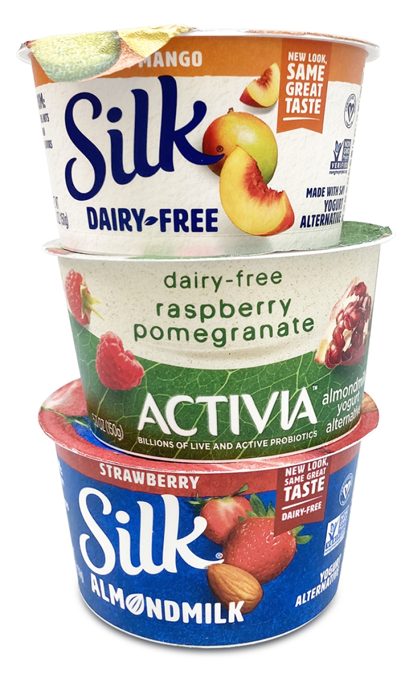 Silk and activia plant-based diary free yogurts in a stack