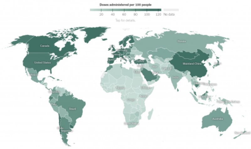 Global map of doses administered per 100 people