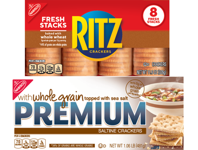 Ritz Whole Wheat and Premium Saltine cracker labels, now with disclosures of how much whole wheat they contain