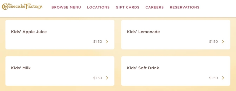Cheesecake Factory's kids's drink options