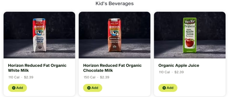 Kids' drinks available at Panera bread: reduced fat milk, reduced fat chocolate milk, apple juice