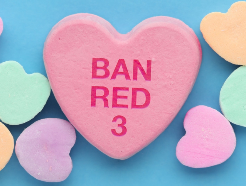 candy hearts with one big one that has "Ban Red 3" on it