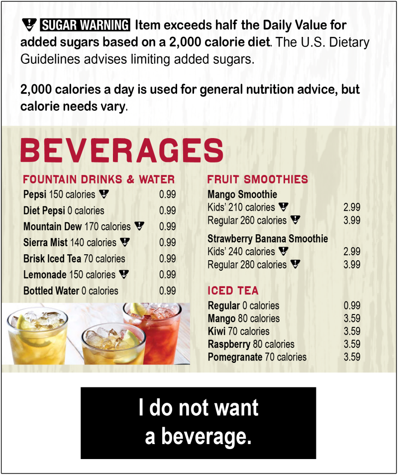 Mocked up image of an Applebees drink menu bearing sugar warning labels