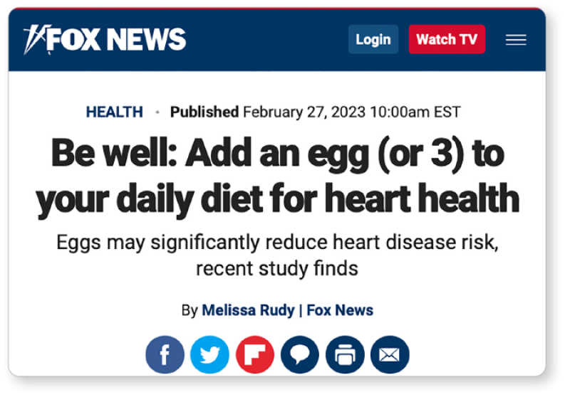 Screenshot of Fox news headline that says "be well: add an egg (or 3) to your daily diet for heart health"