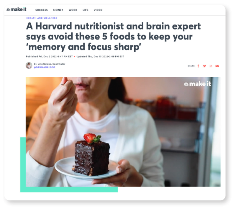 screenshot of CNBC headline that says "A Harvard nutritionist and brain expert says avoid these 5 foods to keep your 'memory and focus sharp'"