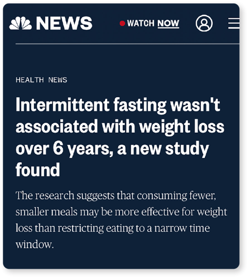 screenshot of NBC News headline that says "Intermittent fasting wasn't associated with weight loss over 6 years, a new study"