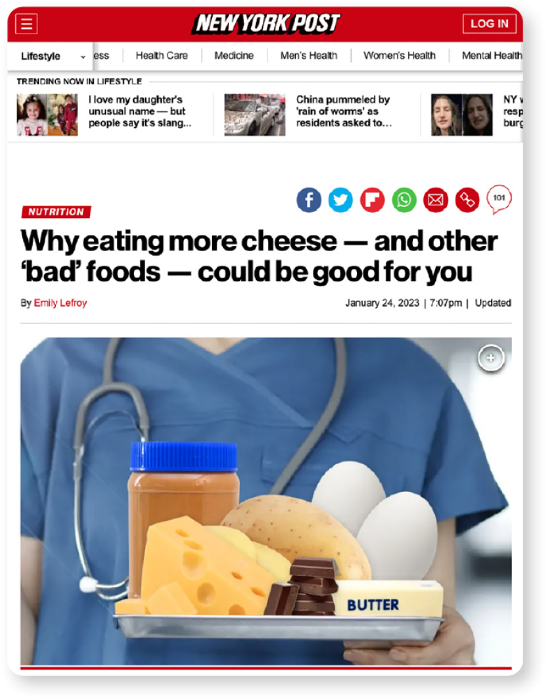 Screenshot of New York Post headline that says "Why eating more cheese- and other 'bad' foods- could be good for you"