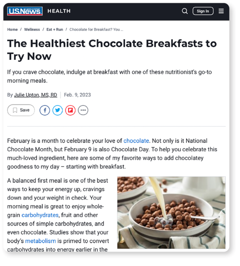 Screenshot of U.S. News headline that says "The healthiest chocolate breakfasts to try now"