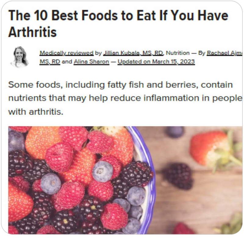 screenshot of an article titled "The 10 Best Foods to Eat if You Have Arthritis"