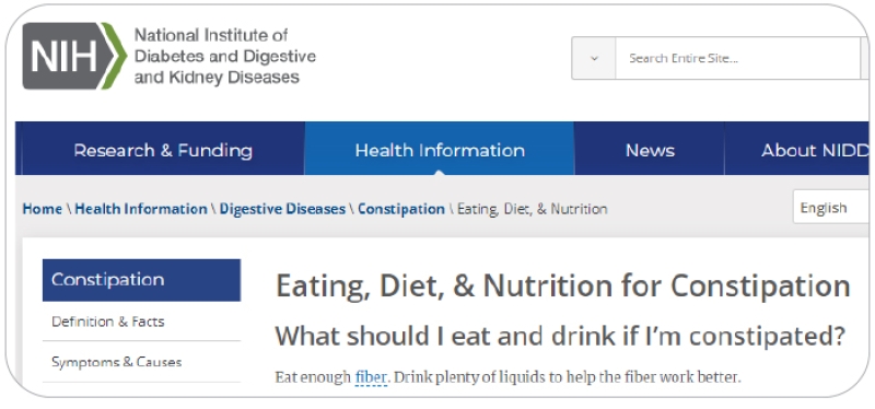 NIH article headline that says "Eating, Diet, & Nutrition for Constipation"