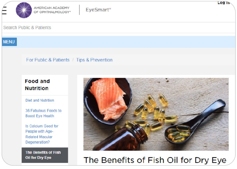 screenshot of AAO headline that says, "Benefits of Fish Oil for Dry Eye"