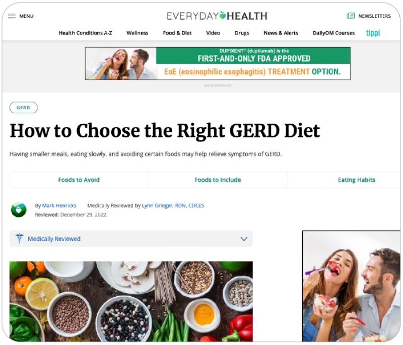 screenshot of Everyday Health headline that says, "How to Choose the Right GERD Diet"