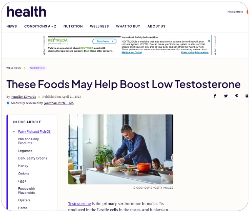 screenshot of Health headline that says, "These Foods May Help Boost Low Testosterone"