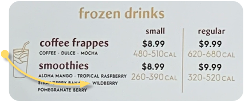 Häagen Dazs menu board showing calorie ranges for their frozen drinks