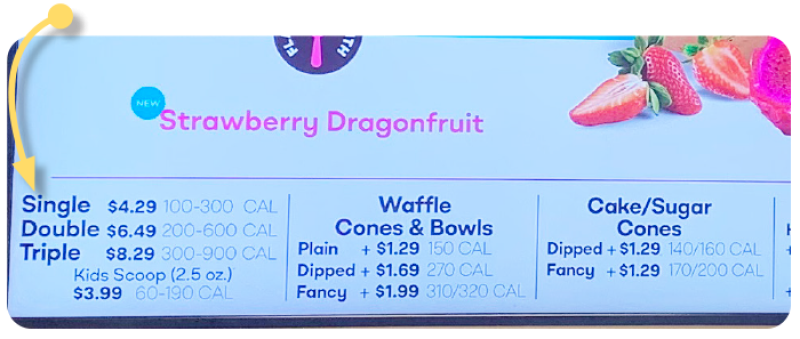 Baskin Robbins menu board listing size, prices and calories