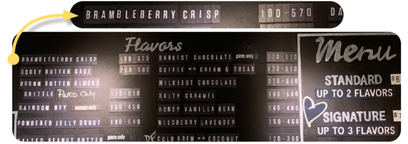 Menu board at Jeni's showing flavors and calorie ranges