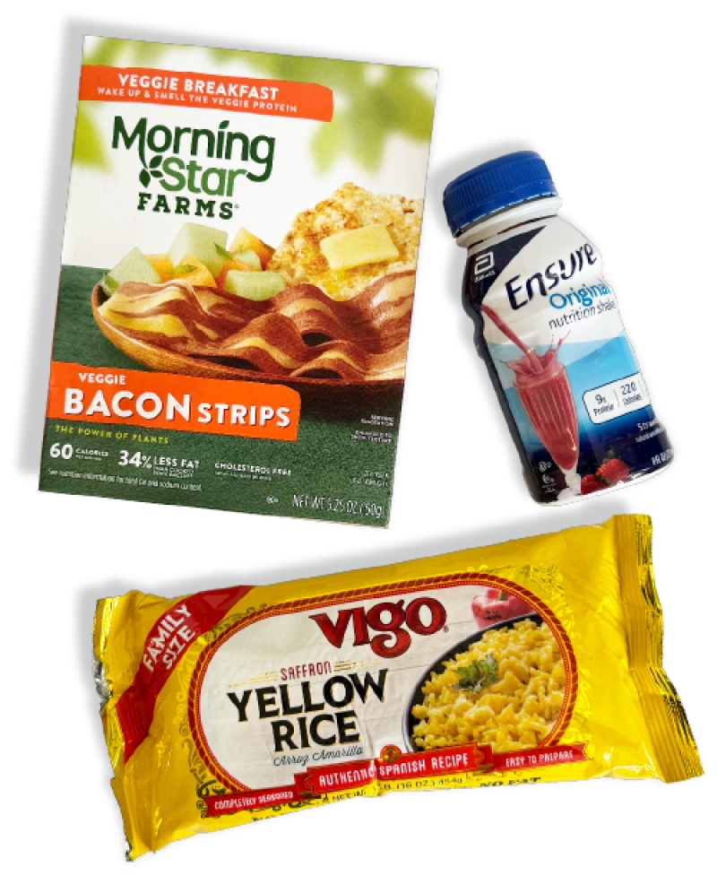 Morning Star farms bacon strips, ensure strawberry shake, Vigo yellow rice