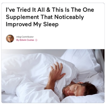 headline for supplement to help with sleep and picture of a man sleeping in a bed