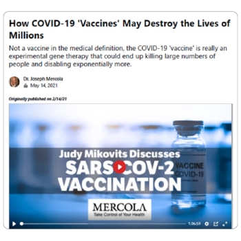 Facebook post with headline stating covid vaccines "may destroy lives" with screenshot of video